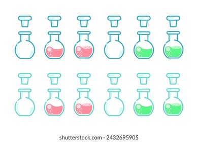 Vector drawing of glass tubes, flasks for chemical experiments with a traffic jam. Glass flask for alchemy, magic drinks, Potion bottles. A set of flasks fantasy for the design of magical rituals.