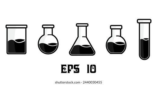 Vector drawing of glass tubes, flasks for chemical experiments. Glass flask for alchemy, magic drinks. A set of flasks fantasy for the design of magical rituals. Potion bottles. Icons set.