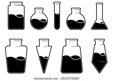 Vector drawing of glass tubes, flasks for chemical experiments Glass flask for alchemy, magic drinks. A set of flasks fantasy for the design of magical rituals. Potion bottles. Icons set.
