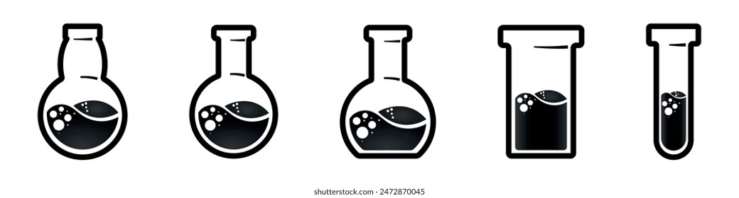 Vector drawing of glass tubes, flasks for chemical experiments. Glass flask for alchemy, magic drinks. A set of flasks for the design of magical rituals.