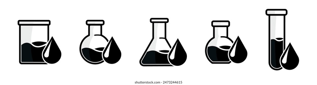 Vector drawing of glass tubes, flasks for chemical experiments with drop. Glass flask for alchemy, magic drinks. A set of flasks for the design of magical rituals.