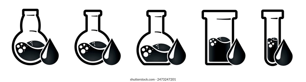 Vector drawing of glass tubes, flasks for chemical experiments with drop. Glass flask for alchemy, magic drinks. A set of flasks for the design of magical rituals.