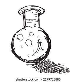 Vector Drawing Of Glass Vial (bottle, Jar Or Flask), Which Is Chemistry Lab Equipment. Vector Drawing In Sketch Style, Doodle Style Or Cartoon Style, Which Is Black And White Image. 
