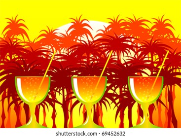 Vector drawing glasses with a cocktail in background of palm trees