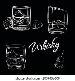 Vector drawing of glasses with whiskey. Vector sketch with brushes by hand. Vintage style whiskey set. Design for whiskey bar with ice and lemon vector