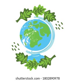 Vector drawing globe, green leaves handmade on a white isolated background, flat, cartoon. Design of postcards, children's, school, printing on fabric, covers