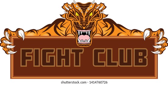 Vector drawing of a gold dragon. Stylish mascot for martial arts.Inscription – fight club. Illustrations for t shirt print. Layer Emblem for sport club. Vector color Illustration - Easy to Edit.