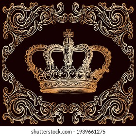 Vector drawing of golden ancient royal crown in ornate frame