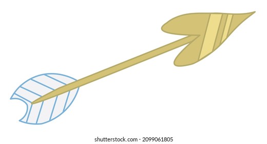 Vector drawing of a golden cupid's arrow with heart-shaped point and with white feather tail. Romantic cartoon illustration for Valentine's Day, engagement, wedding.