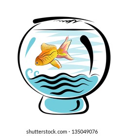 Vector drawing of the golden fish in glass aquarium on white background.