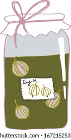 Vector drawing of gooseberry jam in a jar. Color sketch, handmade. Great idea for a postcard , calendar, holiday invitation, wrapping paper. Suitable for making recipes, frames, diaries.
