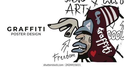 Vector drawing graffiti character lettering on  wall art. Graffiti style banner poster flyer card template. Vector file design elements.