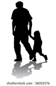 Vector drawing grandfather and granddaughter for a walk. Silhouette on white background