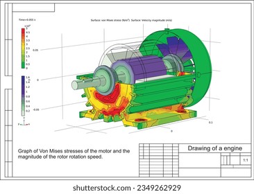 Vektorgrafik.
Graph von Mises Spannung des Motors und der 
Größenordnung der Rotationsdrehzahl des Rotors. Computer 
3D-Modellierung und 
Analyse mithilfe eines computergestützten Designsystems.