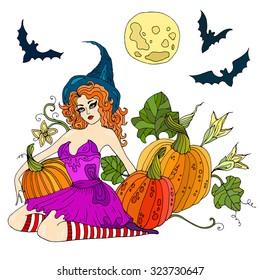 Vector drawing graphic color Halloween pictures. young sexy witch in high hat sitting beside pumpkins, full moon and bats. On a white background