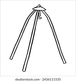 Vector drawing, graphic and doodle, fire tripod and picnic grill tripod. Travel, outdoor recreation. Comfortable outdoor glamping.