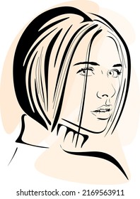 Vector drawing, graphic portrait of a beautiful girl. Facial expressions, people positive emotions, gentle lady. Hand drawing digital vector. Illustration.
