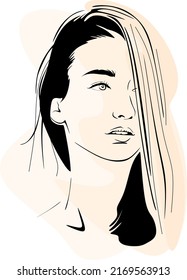 Vector drawing, graphic portrait of a beautiful girl. Facial expressions, people positive emotions, gentle lady. Hand drawing digital vector. Illustration.