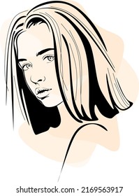 Vector drawing, graphic portrait of a beautiful girl. Facial expressions, people positive emotions, gentle lady. Hand drawing digital vector. Illustration.