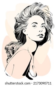 Vector drawing, graphic portrait of a beautiful girl. Facial expressions, people positive emotions, gentle lady. Hand drawing digital vector. Illustration.