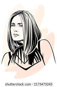 Dibujo vectorial, retrato gráfico de una chica hermosa. Expresiones faciales, emociones positivas de la gente, dama gentil. Vector digital de dibujo manual. Ilustración.