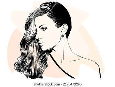 Vector drawing, graphic portrait of a beautiful girl. Facial expressions, people positive emotions, gentle lady. Hand drawing digital vector. Illustration.