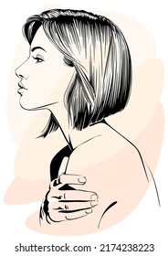 Vektorgrafik, grafisches Porträt eines schönen Mädchens. Gesichtsausdrücke, Menschen positive Emotionen, sanfte Dame. Handzeichner, digitaler Vektorgrafik. Illustration.