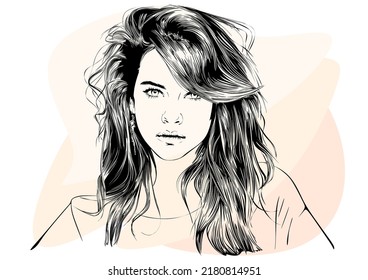 Vector drawing, graphic portrait of a beautiful girl. Facial expressions, people positive emotions, gentle lady. Hand drawn digital vector. Illustration.