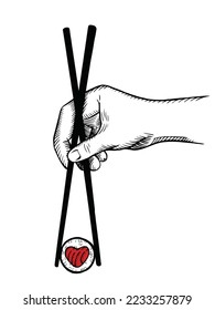 vector drawing in graphic style. hand holds chinese chopsticks with sushi. japanese cuisine, asian food. sketch