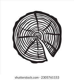 vector drawing, graphics. saw cut of a tree, black and white drawing and a piece of wood, the theme of ecology, woodworking