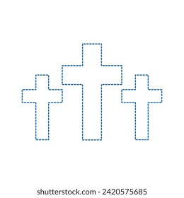 Vector drawing grave crosses three pieces, dotted line color blue flat style