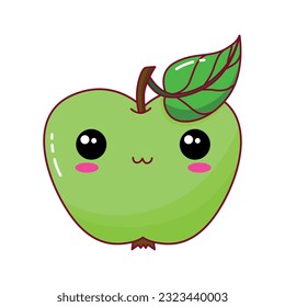 Vector drawing of a green apple. Cute apple in kawaii style.
