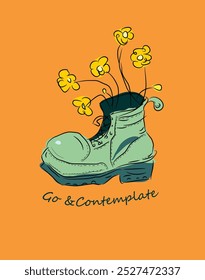 Vector drawing of green boots with yellow flowers on orange background.