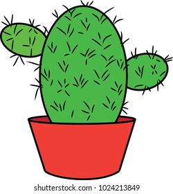 A vector drawing of a green cactus in a red pot