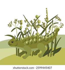 vector drawing green dinosaur and green plants , prehistoric landscape, hand drawn illustration