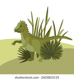 vector drawing green dinosaur and green plants, prehistoric landscape, hand drawn illustration