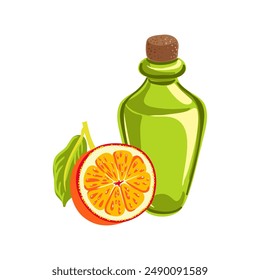 Vector que dibuja la botella de vidrio verde con el aceite y la fruta naranja aislados en el fondo blanco, ilustración dibujada a mano