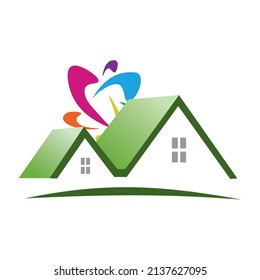 vector drawing of a green house decorated with rainbow colors
