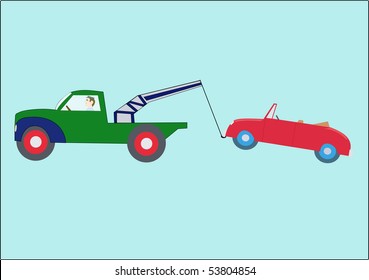 Vector drawing of a green towtruck with a red convertible in tow.