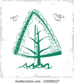 Vector drawing of the green tree and birds on white background.