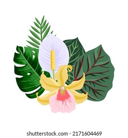 vector drawing green tropical leaves and flowers isolated at white background , hand drawn illustration
