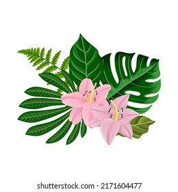 vector drawing green tropical leaves and flowers isolated at white background , hand drawn illustration