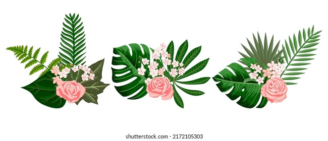 Vektorgrafik von grünen tropischen Blättern und rosafarbenen Rosenblumen, Blumenzusammensetzung, exotische Gestaltungselemente einzeln auf weißem Hintergrund, handgezeichnet