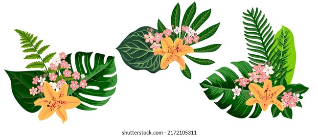 vector drawing green tropical leaves and lily flowers, floral composition, exotic design elements isolated at white background , hand drawn illustration