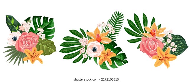 vector drawing green tropical leaves and flowers, floral composition, exotic design elements isolated at white background , hand drawn illustration