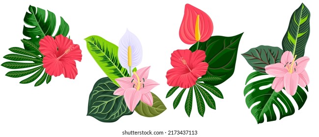 vector drawing green tropical leaves, pink lily and red hibiscus flowers, floral composition, exotic design elements isolated at white background , hand drawn illustration
