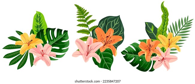 vector drawing green tropical leaves and lily flowers, floral composition, exotic design elements isolated at white background , hand drawn illustration