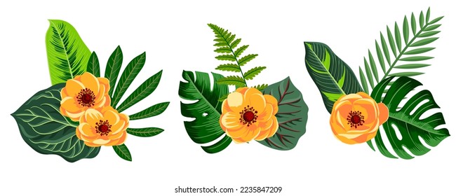 vector drawing green tropical leaves and anemone flowers, floral composition, exotic design elements isolated at white background , hand drawn illustration