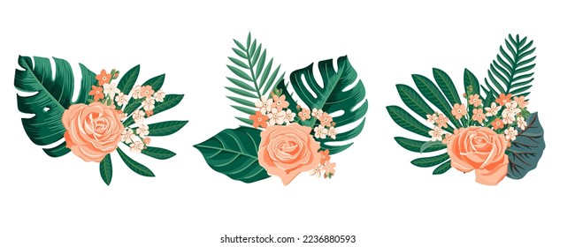 vector drawing green tropical leaves and rose flowers, floral composition, exotic design elements isolated at white background , hand drawn illustration