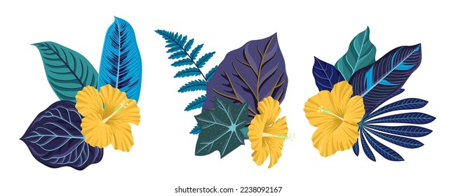 vector drawing green tropical leaves and hibiscus flowers, floral composition, exotic design elements isolated at white background , hand drawn illustration